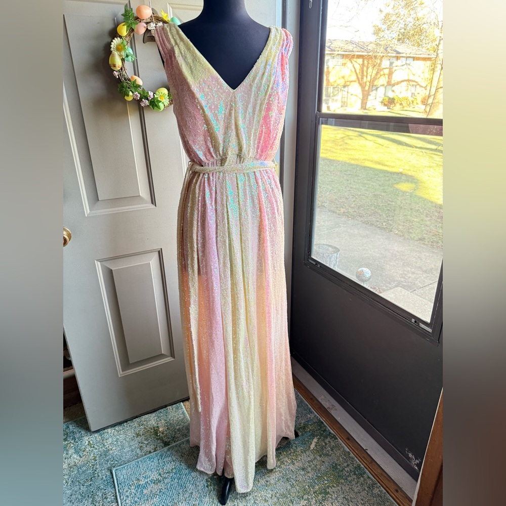 NWT Badgley Mischka sequin belted tie waist formal evening gown, size 12